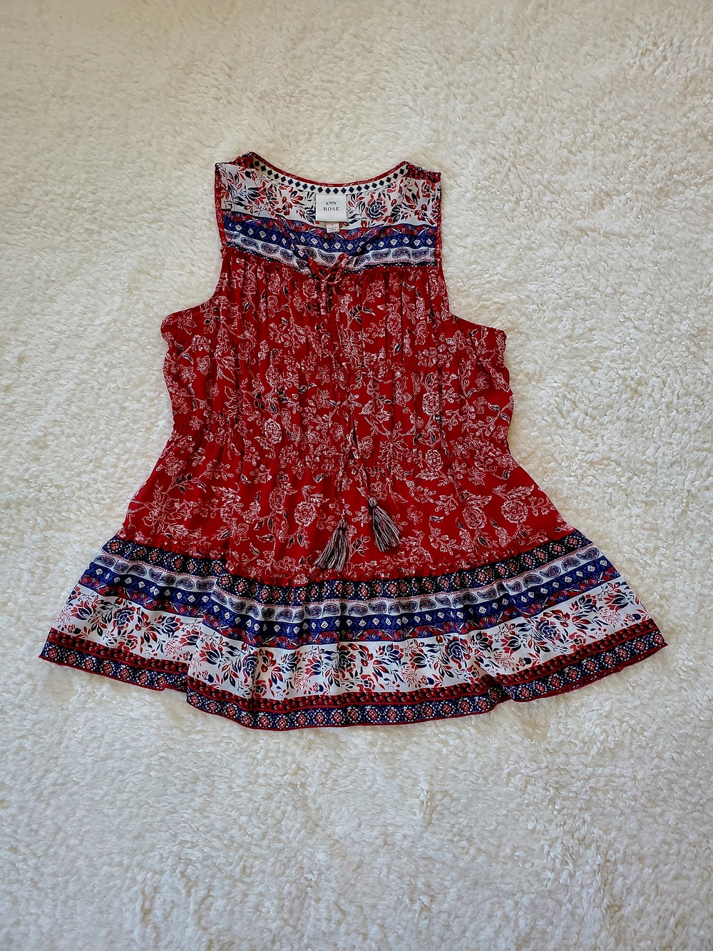 Knox Rose Red Floral Sleeveless Tassel Tie with Red White And Blue Border